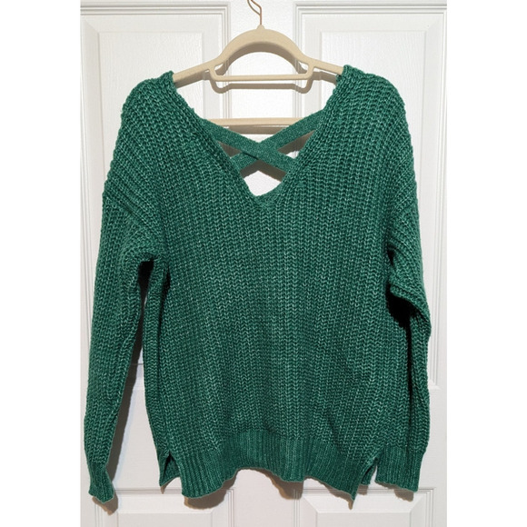 Hippie Rose Womens  Size XL Green Knit V-Neck Pullover Sweater Criss Cross Back - Picture 6 of 8
